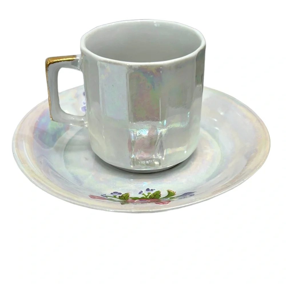 1970s WAHBEH OF CHINA LUSTERWARE PINK & PURPLE FLORAL CUPS & SAUCERS - SET OF 6